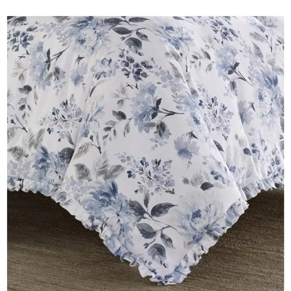 Laura Ashley Chloe 2 Pce. Twin Duvet Cover Set Reversible Floral Cotton Blue
